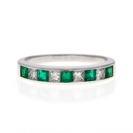 Emerald & Diamond Half Eternity Ring - 00019765 | Heming Diamond Jewellers | London