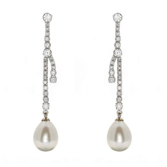 Pearl and Diamond Drop Earrings - 00020698 | Heming Diamond Jewellers | London