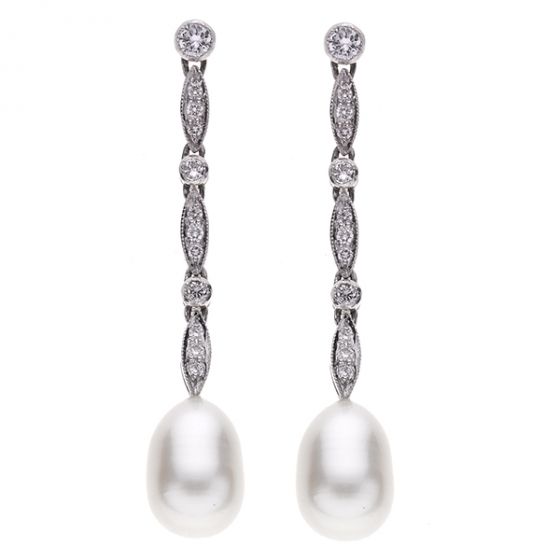 Pearl and Diamond Long Drop Earrings - 01017058 | Heming Diamond Jewellers | London