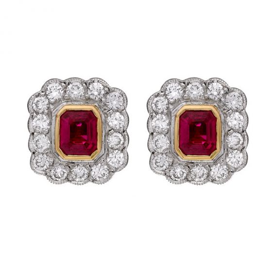 Ruby and Diamond Cluster Earrings - 00019737 | Heming Diamond Jewellers | London