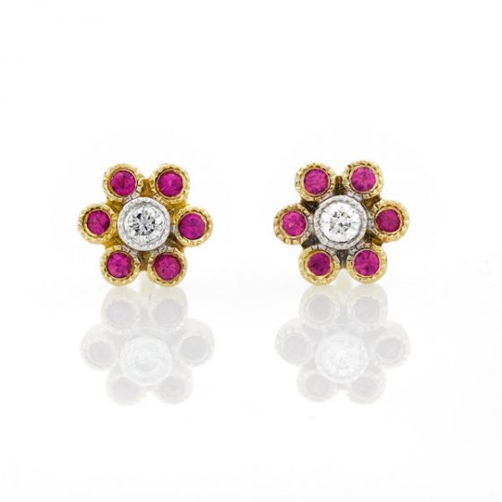 Ruby and Diamond Flower Earrings - 00021317 | Heming Diamond Jewellers | London